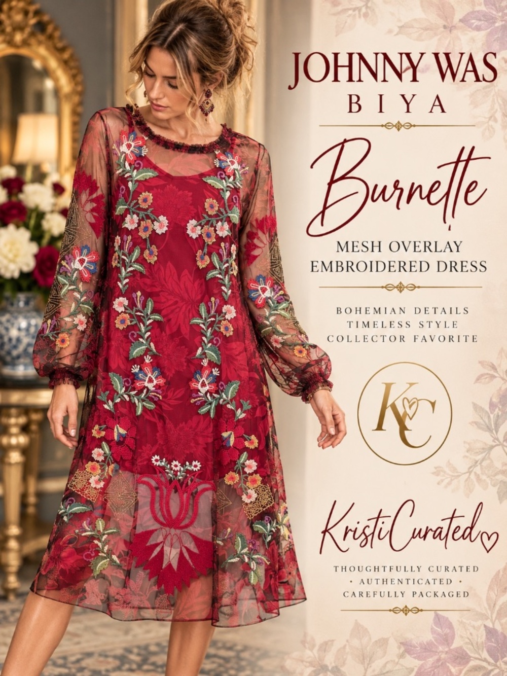 Johnny Was BIYA Burnette Mesh Embroidered Dress S Floral